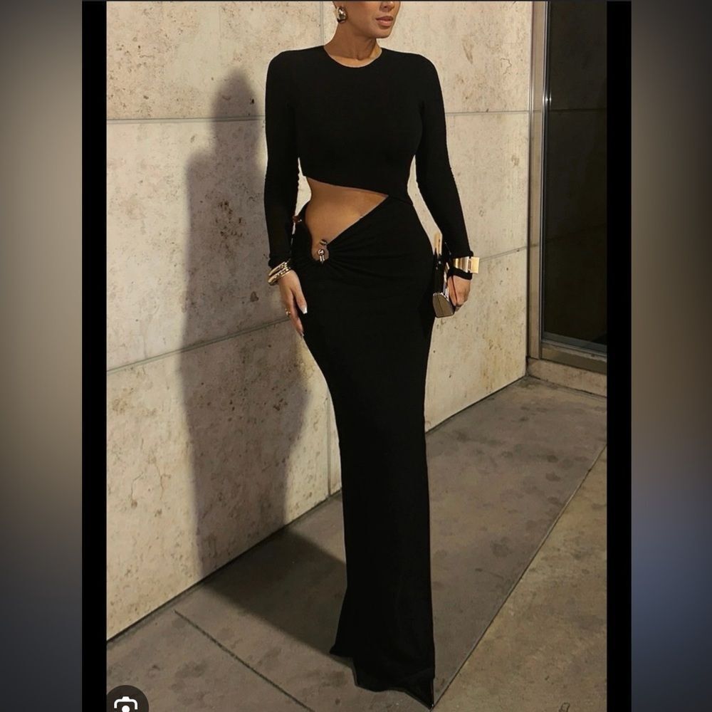 JLUXLABEL Summer Romance Cutout Long Sleeve Maxi Dress Black Large NEW